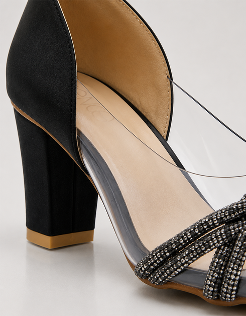 Close up of black shimmer embellished straps with transparent upper showing premium craftsmanship.