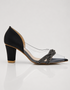 Side view of black transparent block heel sandals with elegant shimmer strap detailing.