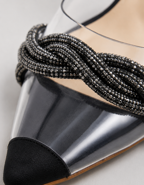 Black transparent block heel sandals for women with elegant shimmer straps and soft padded footbed.