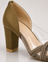 Close up of olive shimmer embellished straps highlighting premium craftsmanship and transparent upper.