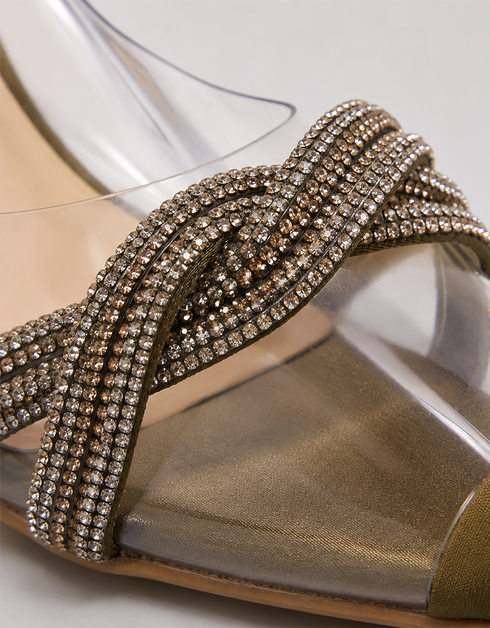 Close up of olive shimmer embellished straps highlighting premium craftsmanship and transparent upper.
