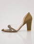 Olive transparent block heel sandals for women with elegant shimmer straps and soft padded footbed.