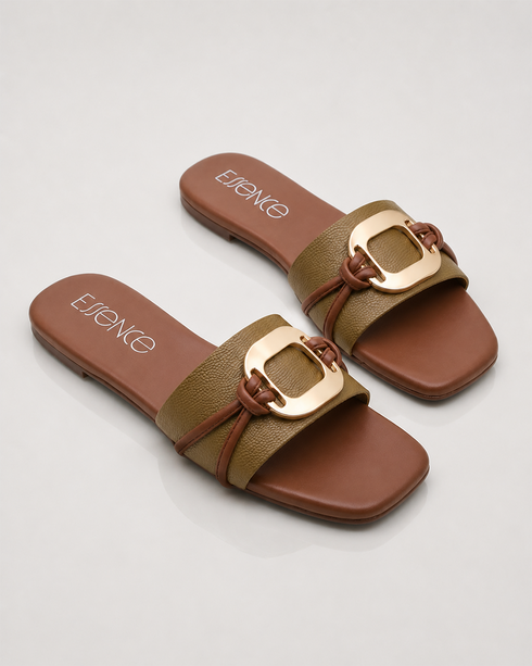 Pair of olive green buckle flat sandals featuring a statement metallic buckle and padded footbed.