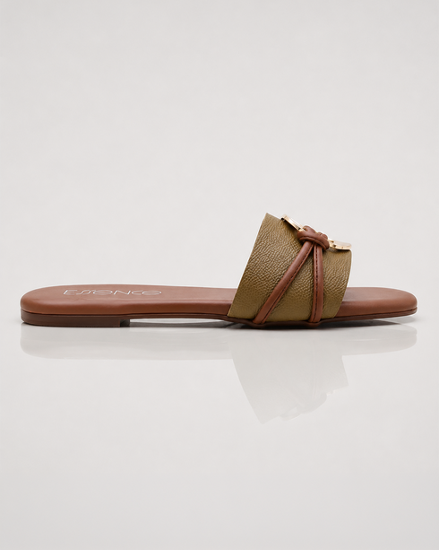Side view of olive green buckle flat sandals with lightweight slip on construction.
