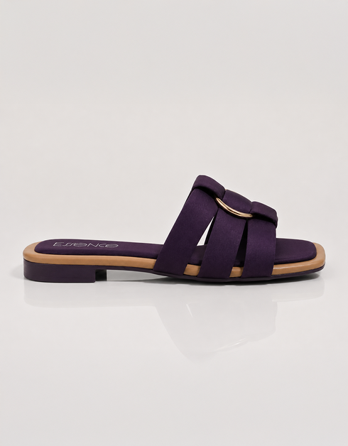 Side view of purple multi strap flat sandals with lightweight slip on construction.