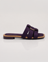Side view of purple multi strap flat sandals with lightweight slip on construction.