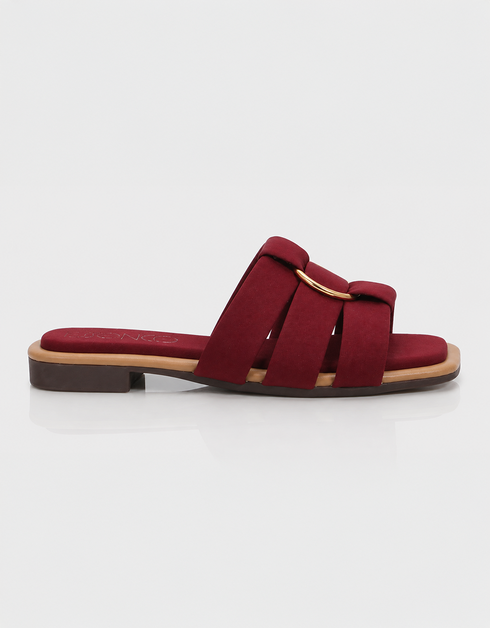 Side view of red multi strap flat sandals featuring a lightweight slip on design.