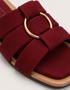 Close up of red multi strap sandals highlighting the statement metallic ring and premium craftsmanship.