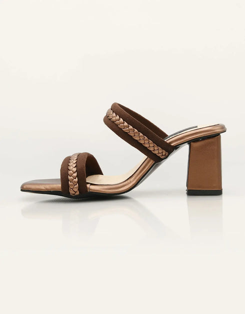 Brown women's block heel sandals with dual braided straps and square toe design