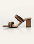 Brown women's block heel sandals with dual braided straps and square toe design
