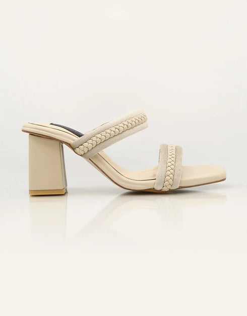 Mystique Marvel Beige Braided Block Heels β Side profile of ivory block heel sandals with open toe silhouette Essence by Rubina