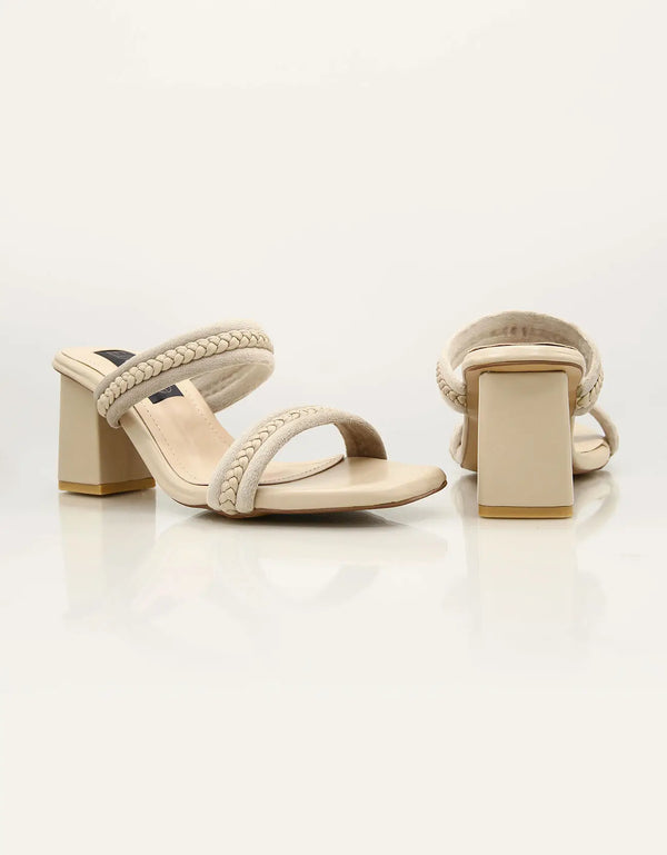 Mystique Marvel Beige Braided Block Heels – Pair of ivory women's block heel sandals with braided strap design Essence by Rubina