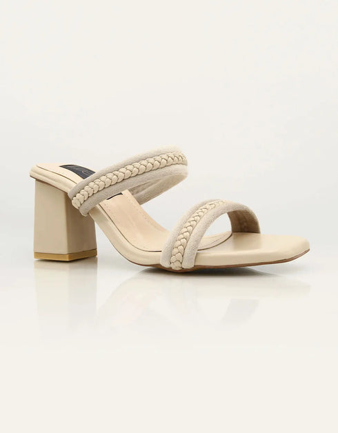 Mystique Marvel Beige Braided Block Heels β Ivory block heel sandals featuring dual braided straps and square toe design Essence by Rubina