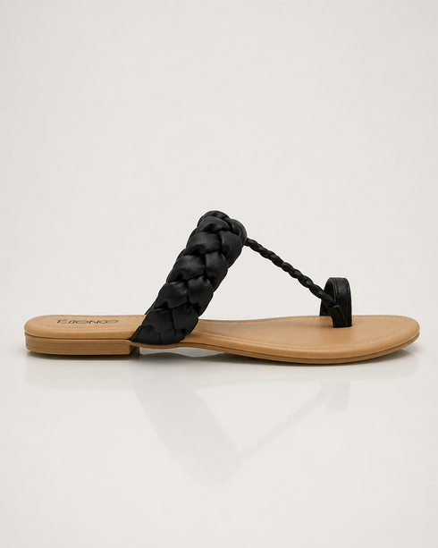 Side view of black braided strap flat sandal minimal design
