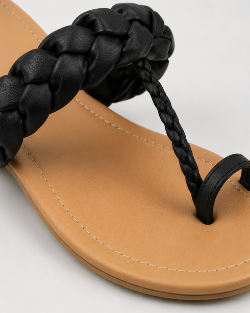Top view of black toe loop braided flat sandals for women
