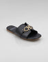 Nova Chic Comfort Flat Sandals in Black featuring a gold metal buckle, premium synthetic upper, and soft padded footbed by Essence by Rubina.