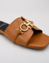 Close up of the gold metal buckle on Nova Chic Comfort Flat Sandals in Brown highlighting the premium finish.