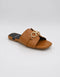 Nova Chic Comfort Flat Sandals in Brown featuring a gold metal buckle, premium synthetic upper, and soft padded footbed by Essence by Rubina.