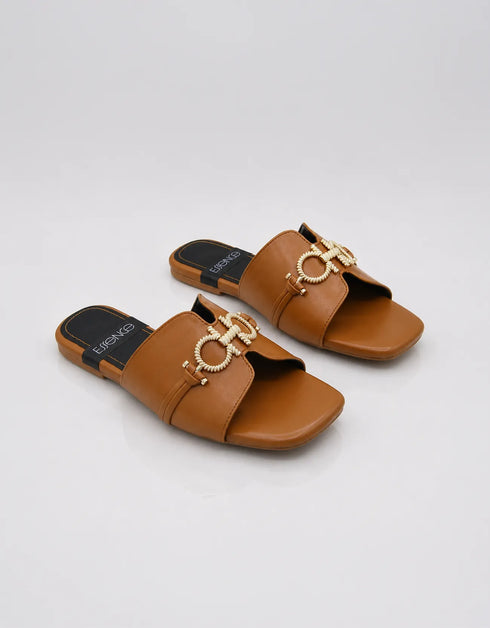 Pair of Nova Chic Comfort Flat Sandals in Brown made from premium synthetic material with a soft padded footbed.