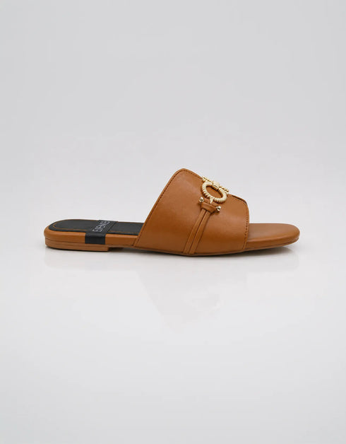 Side profile of Nova Chic Comfort Flat Sandals in Brown showing the slip on design and elegant buckle detail.