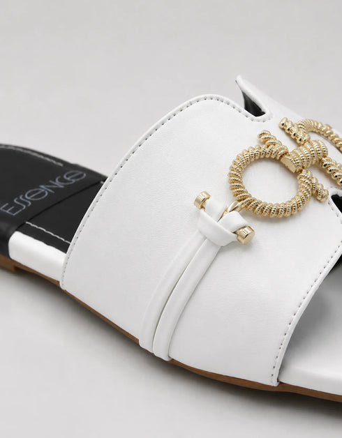 Close up of the gold metal buckle on Nova Chic Comfort Flat Sandals in White showing the elegant hardware.