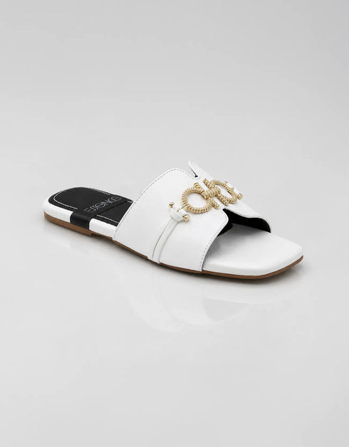 Nova Chic Comfort Flat Sandals in White featuring a gold metal buckle, premium synthetic upper, and soft padded footbed by Essence by Rubina.