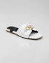 Nova Chic Comfort Flat Sandals in White featuring a gold metal buckle, premium synthetic upper, and soft padded footbed by Essence by Rubina.