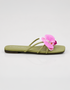 Side view of pink floral flat sandal with olive green straps and minimal design