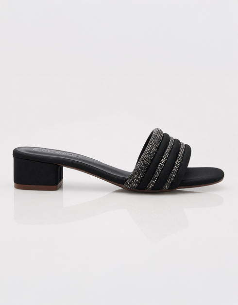 Black glitter strap low block heel sandals with triple shimmer straps and square toe silhouette.