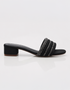 Black glitter strap low block heel sandals with triple shimmer straps and square toe silhouette.