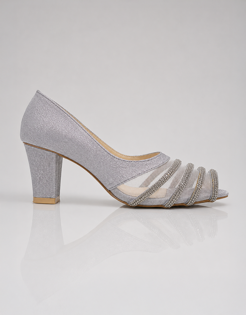 Side profile of Zareenah Silver shimmer block heel sandals for women