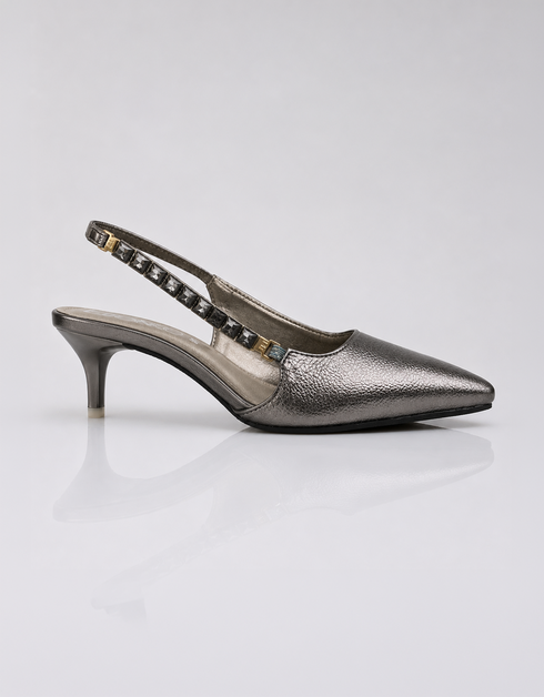 Side profile of Zehra metallic silver pointed toe slingback heels with 2 inch kitten heel
