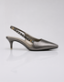 Side profile of Zehra metallic silver pointed toe slingback heels with 2 inch kitten heel