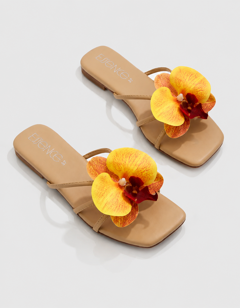 Pair of flat sandals with yellow flower detail stylish summer footwear for women