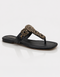 Black embellished Kolhapuri flat sandal with antique gold buckle detail front view