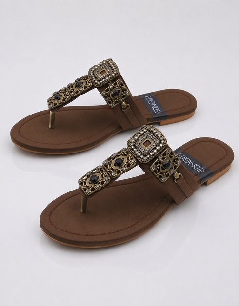 Pair of Brown Variant flats with antique gold embellishment festive footwear