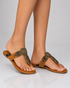 Woman wearing Mustard embellished Kolhapuri flats with toe ring ethnic styling