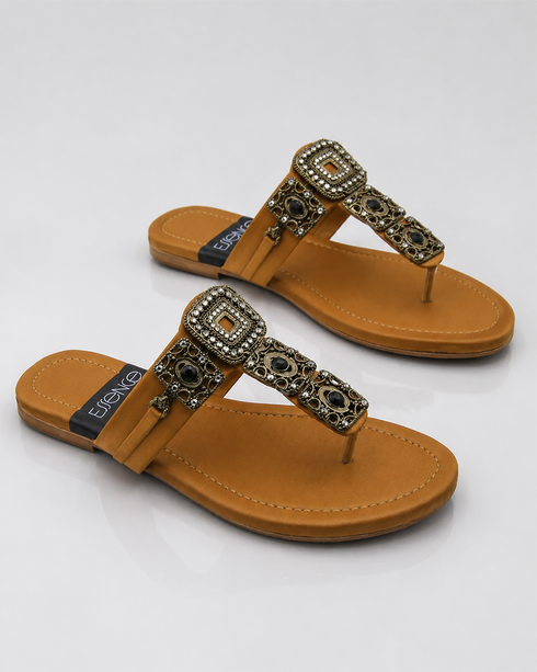 Pair of Mustard Kolhapuri flats with antique gold embellishment festive footwear