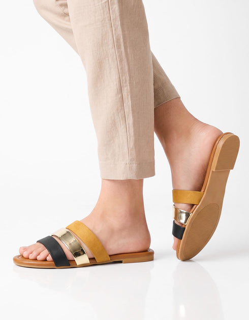 Woman wearing mustard flat sandals styled for everyday casual outfits.