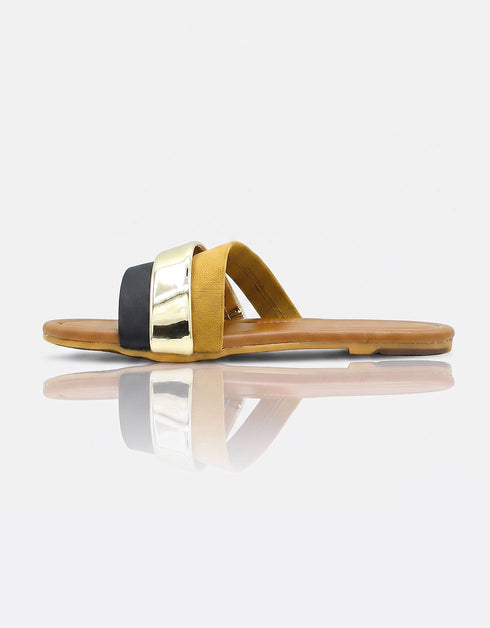 Mustard flat sandals for women with dual straps, metallic accent and soft padded comfort.