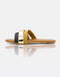 Mustard flat sandals for women with dual straps, metallic accent and soft padded comfort.