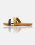Mustard flat sandals for women with dual straps, metallic accent and soft padded comfort.
