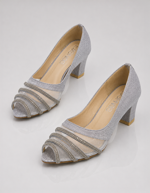 Zareenah silver embellished block heel sandals with shimmer multi strap design by Essence by Rubina