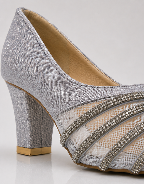 Close up of embellished shimmer straps on Zareenah silver block heel sandals