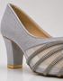 Close up of embellished shimmer straps on Zareenah silver block heel sandals