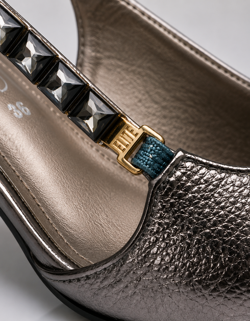 Close up of metallic finish and chain detail strap on Zehra slingback kitten heels