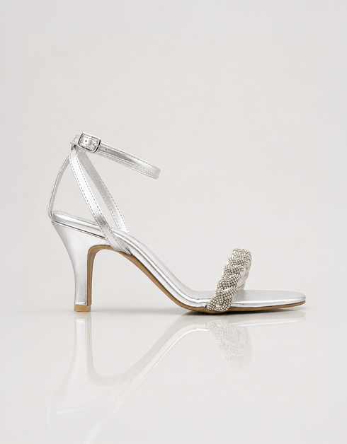 Side profile of Aura silver open toe embellished heel sandals Braided Crystal Strap β Essence by Rubina