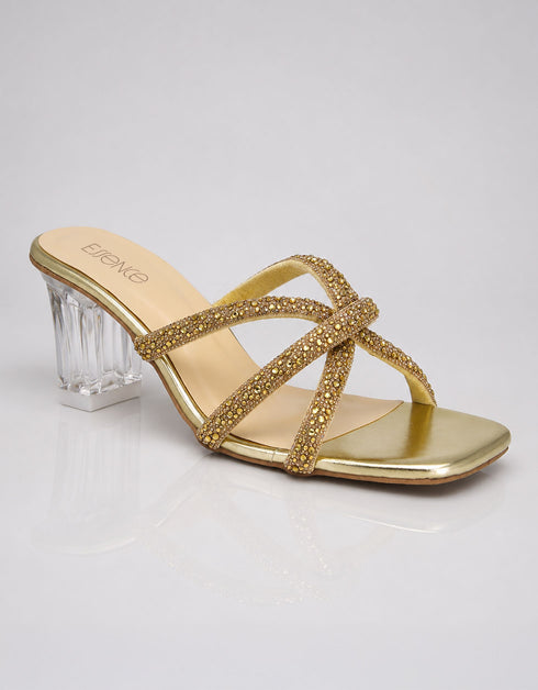 Auryn gold rhinestone mule heels left side view with sculpted clear block heel by Essence by Rubina Pakistan