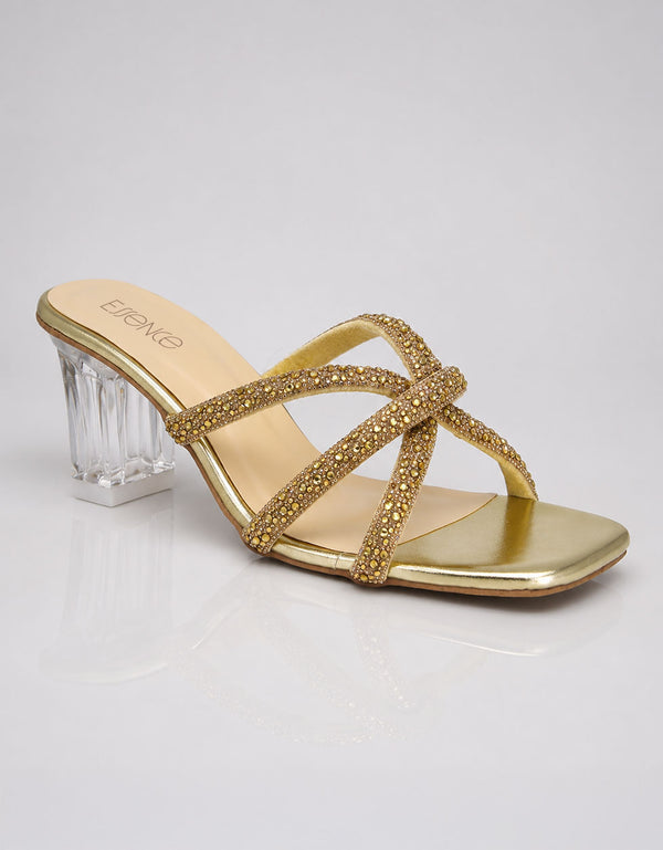 Auryn gold rhinestone mule heels left side view with sculpted clear block heel by Essence by Rubina Pakistan