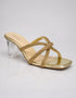 Auryn gold rhinestone mule heels left side view with sculpted clear block heel by Essence by Rubina Pakistan